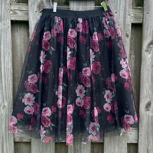 Haute Monde Black and Pink Floral Midi Skirt